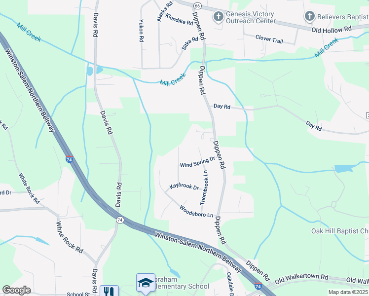map of restaurants, bars, coffee shops, grocery stores, and more near 4913 Shulbrook Drive in Winston-Salem