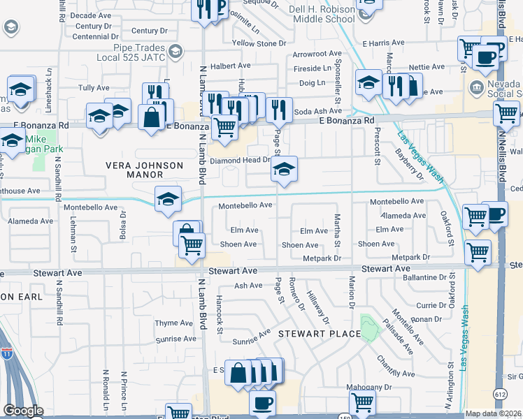 map of restaurants, bars, coffee shops, grocery stores, and more near 4521 Montebello Avenue in Las Vegas