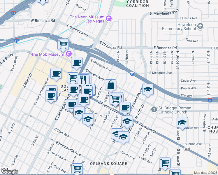 map of restaurants, bars, coffee shops, grocery stores, and more near 223 North 9th Street in Las Vegas