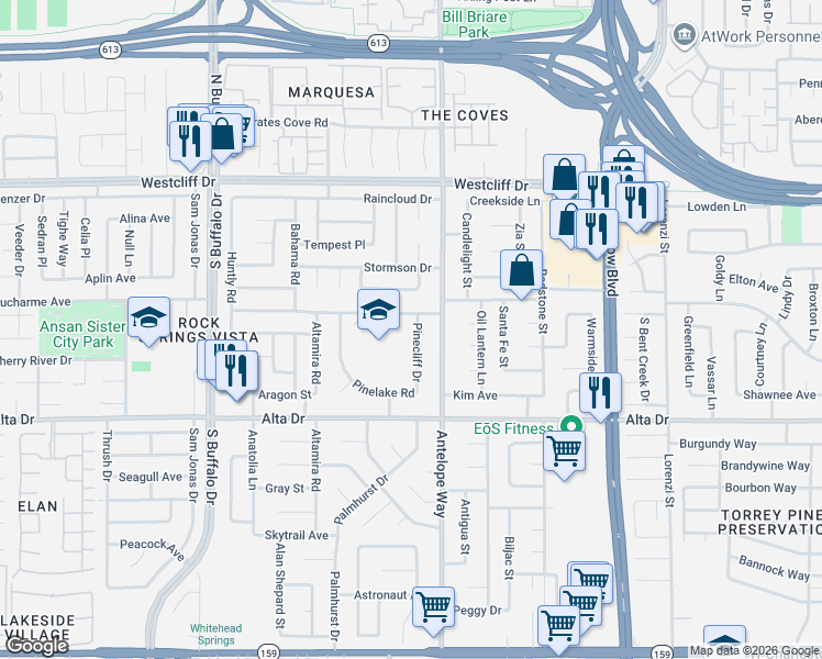 map of restaurants, bars, coffee shops, grocery stores, and more near 304 Pinecliff Drive in Las Vegas