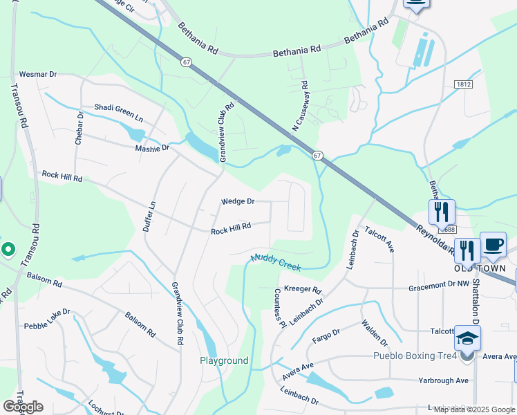 map of restaurants, bars, coffee shops, grocery stores, and more near 4115 Wedge Drive in Winston-Salem
