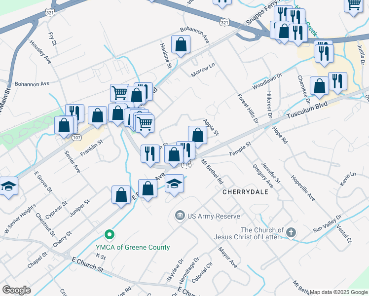 map of restaurants, bars, coffee shops, grocery stores, and more near 155 Mason St in Greeneville