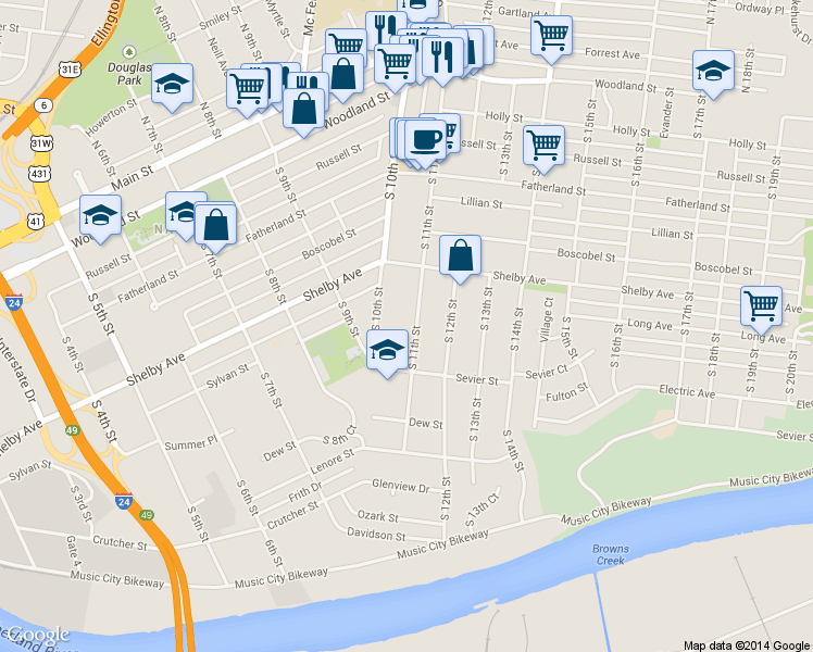 map of restaurants, bars, coffee shops, grocery stores, and more near 601 South 11th Street in Nashville