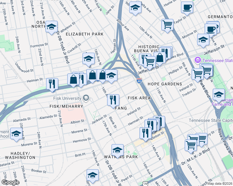 map of restaurants, bars, coffee shops, grocery stores, and more near 1502 Meharry Boulevard in Nashville