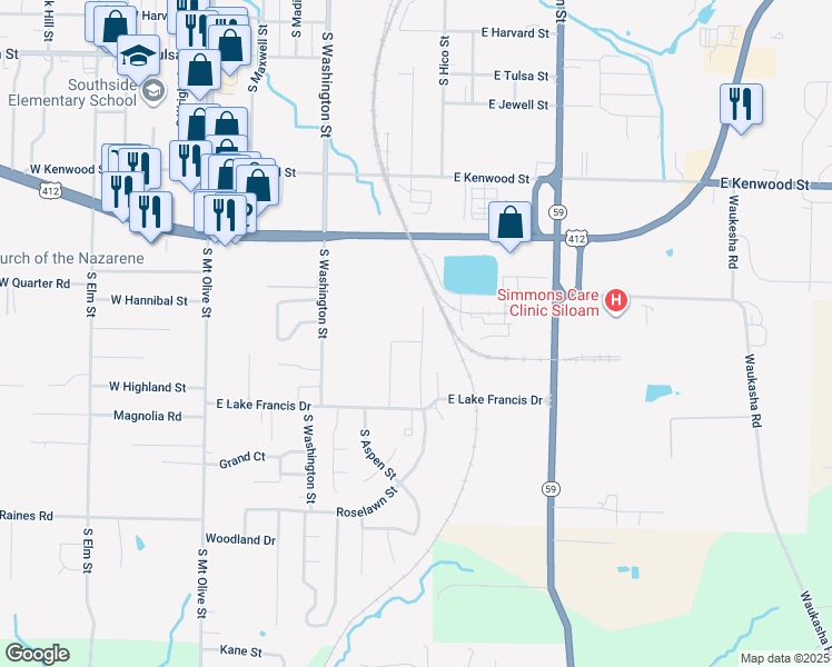 map of restaurants, bars, coffee shops, grocery stores, and more near 1901 Azlin Place in Siloam Springs