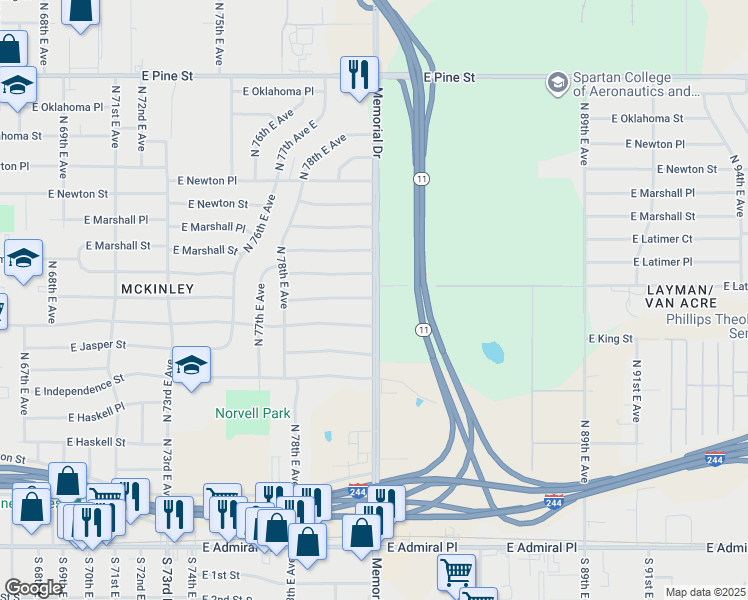 map of restaurants, bars, coffee shops, grocery stores, and more near 7871 East King Place in Tulsa