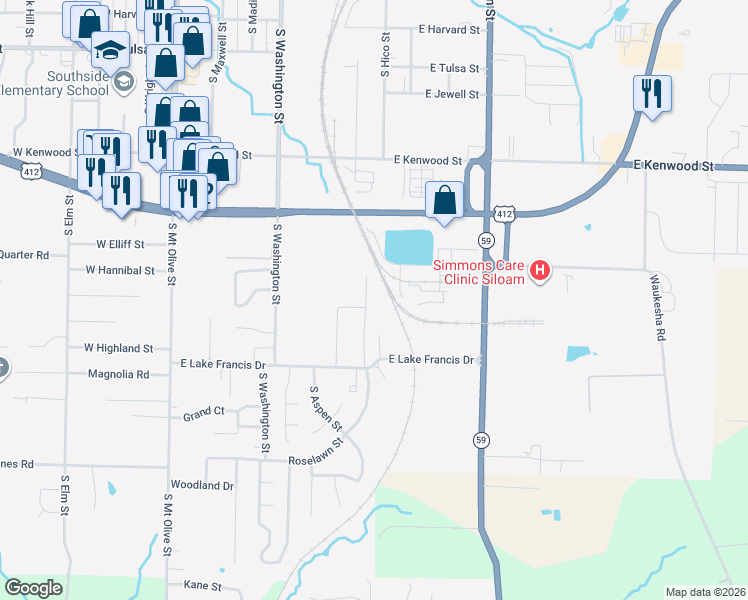 map of restaurants, bars, coffee shops, grocery stores, and more near 1901 Azlin Place in Siloam Springs