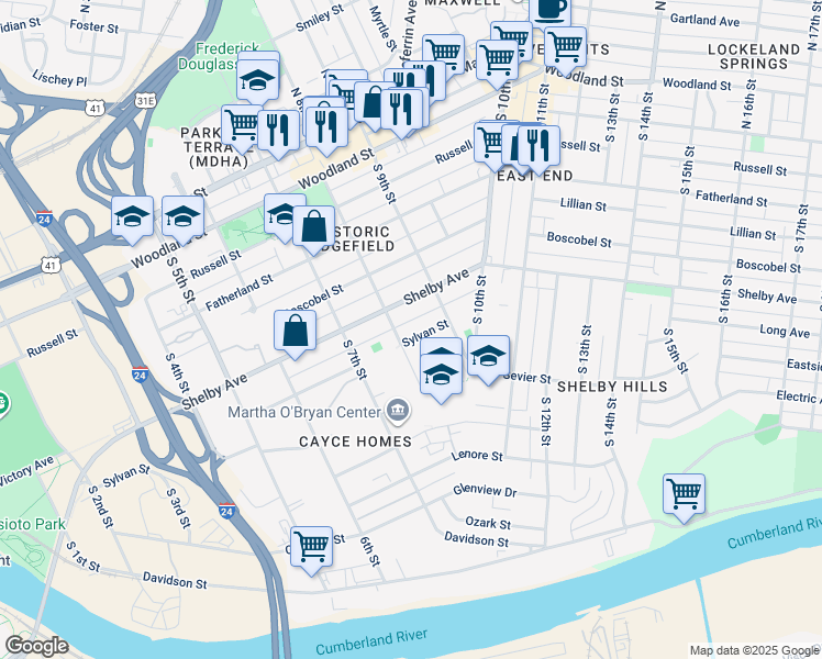 map of restaurants, bars, coffee shops, grocery stores, and more near 801 Sylvan Street in Nashville