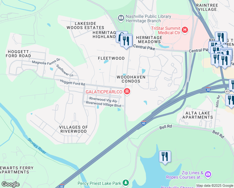 map of restaurants, bars, coffee shops, grocery stores, and more near 1429 Riverbrook Drive in Nashville