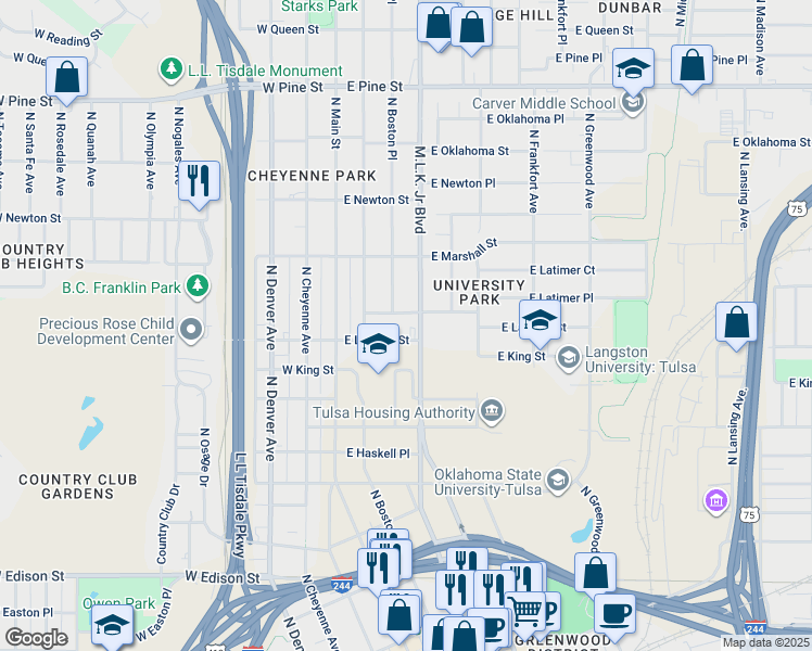 map of restaurants, bars, coffee shops, grocery stores, and more near 1124 North Cincinnati Avenue in Tulsa