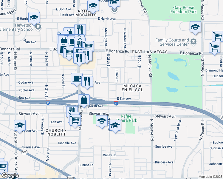 map of restaurants, bars, coffee shops, grocery stores, and more near 401 North 28th Street in Las Vegas