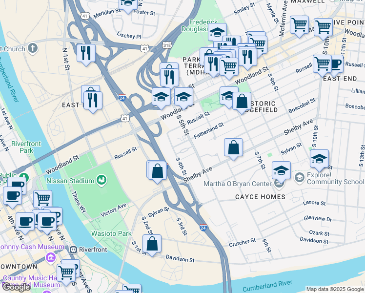 map of restaurants, bars, coffee shops, grocery stores, and more near 400 Fatherland Street in Nashville