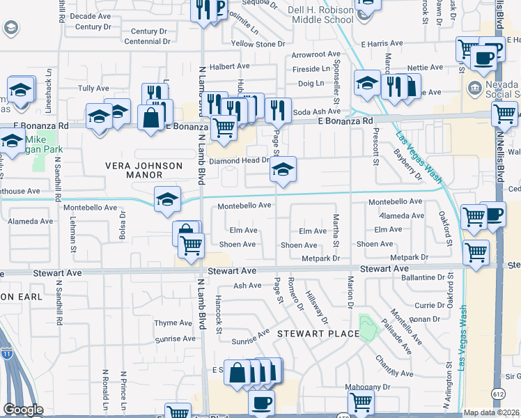 map of restaurants, bars, coffee shops, grocery stores, and more near 4521 Montebello Avenue in Las Vegas
