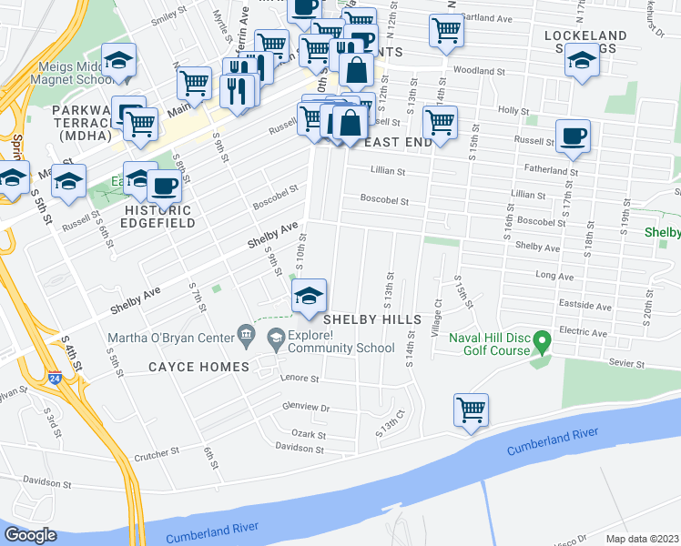 map of restaurants, bars, coffee shops, grocery stores, and more near 601 South 11th Street in Nashville