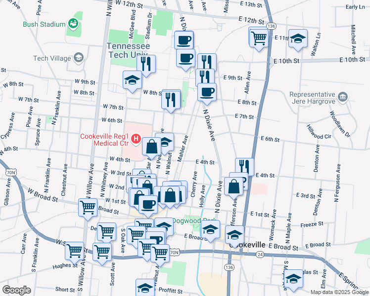 map of restaurants, bars, coffee shops, grocery stores, and more near 501n Mahler Avenue in Cookeville