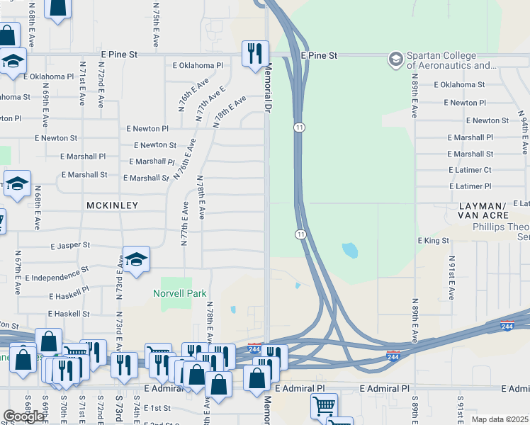 map of restaurants, bars, coffee shops, grocery stores, and more near 7871 East King Place in Tulsa