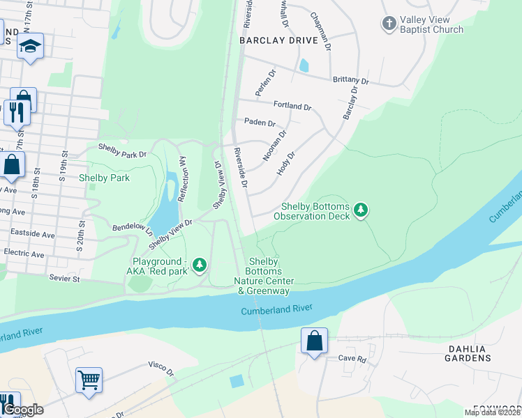 map of restaurants, bars, coffee shops, grocery stores, and more near 221 Riverside Drive in Nashville