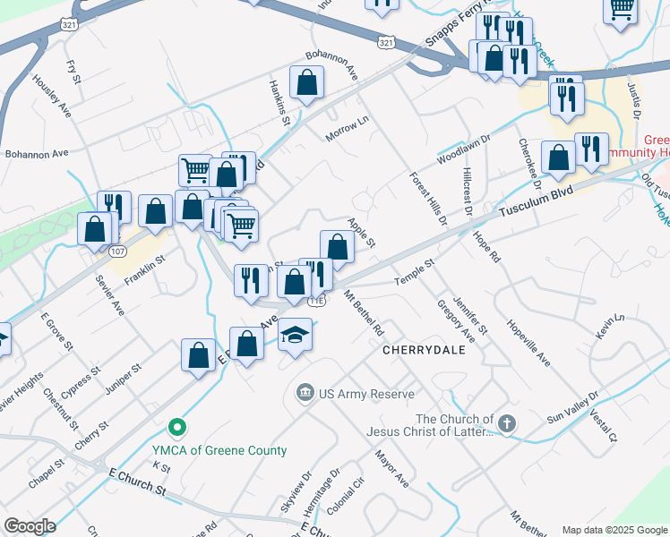 map of restaurants, bars, coffee shops, grocery stores, and more near 155 Mason Street in Greeneville