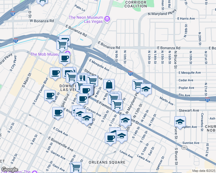 map of restaurants, bars, coffee shops, grocery stores, and more near 223 North 9th Street in Las Vegas