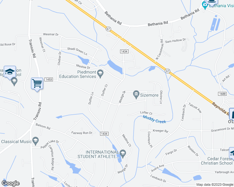 map of restaurants, bars, coffee shops, grocery stores, and more near 3623 Grandview Club Road in Pfafftown
