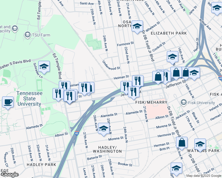 map of restaurants, bars, coffee shops, grocery stores, and more near 2409 Scovel Street in Nashville
