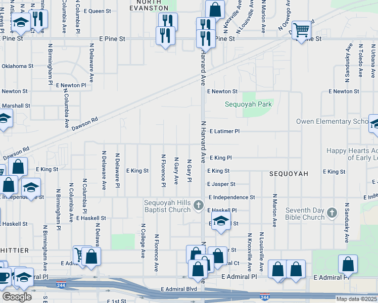 map of restaurants, bars, coffee shops, grocery stores, and more near 1040 North Gary Place in Tulsa