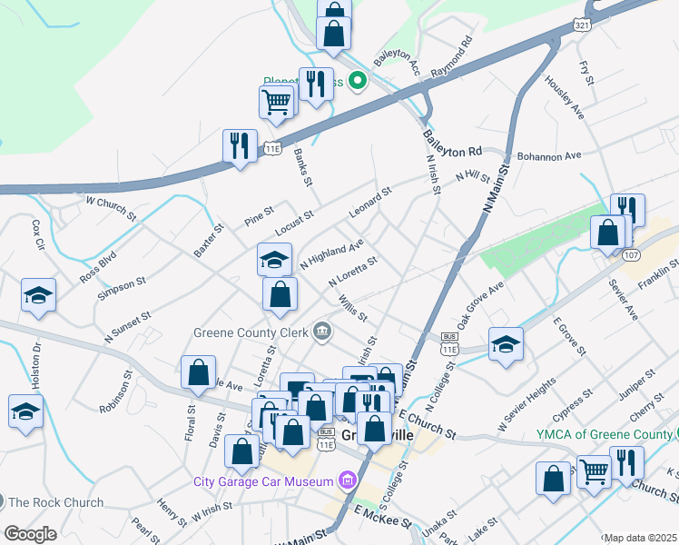 map of restaurants, bars, coffee shops, grocery stores, and more near 315 North Loretta Street in Greeneville