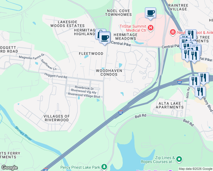 map of restaurants, bars, coffee shops, grocery stores, and more near 301 Brooks Mill Circle in Nashville