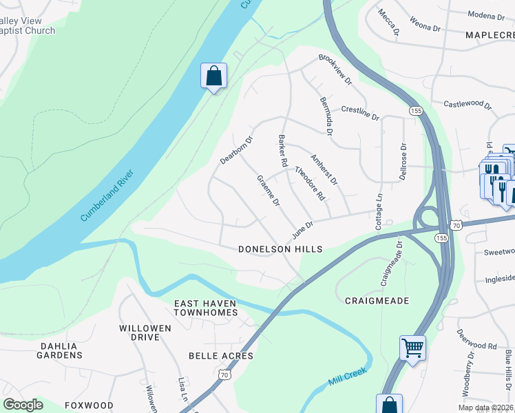 map of restaurants, bars, coffee shops, grocery stores, and more near 223 Donelson Hills Drive in Nashville
