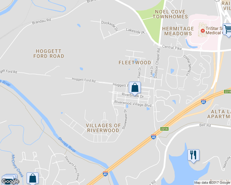 map of restaurants, bars, coffee shops, grocery stores, and more near 1117 Riverbirch Way in Nashville