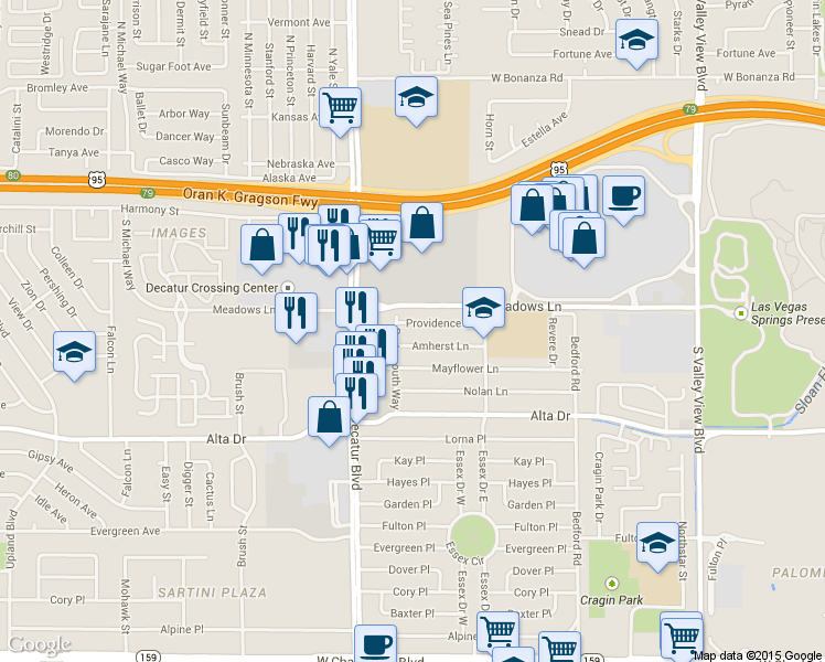 map of restaurants, bars, coffee shops, grocery stores, and more near 4607 Providence Lane in Las Vegas