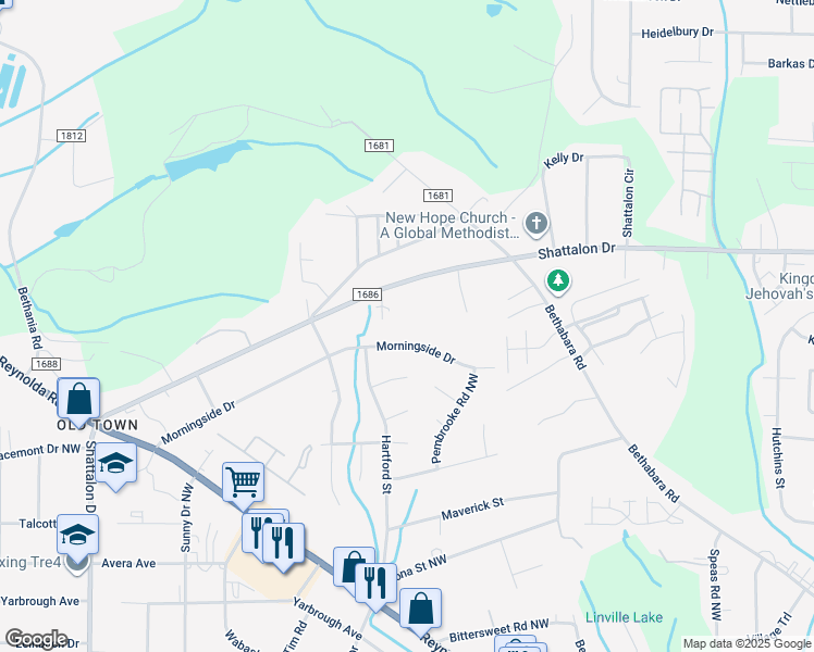 map of restaurants, bars, coffee shops, grocery stores, and more near 3955 Bradford Court in Winston-Salem