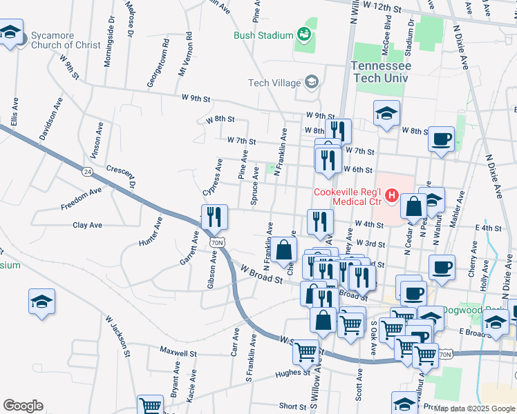 map of restaurants, bars, coffee shops, grocery stores, and more near 401 Spruce Avenue in Cookeville