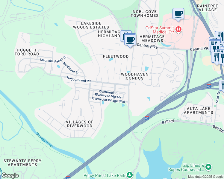 map of restaurants, bars, coffee shops, grocery stores, and more near 1343 Riverbrook Drive in Nashville