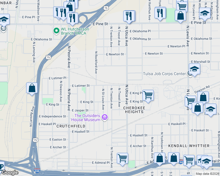 map of restaurants, bars, coffee shops, grocery stores, and more near 1532 East Latimer Street in Tulsa