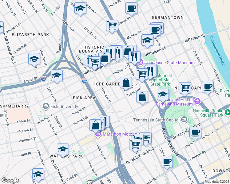 map of restaurants, bars, coffee shops, grocery stores, and more near 921 Warren Street in Nashville