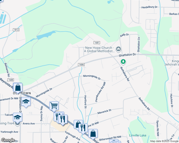 map of restaurants, bars, coffee shops, grocery stores, and more near 3955 Bradford Court in Winston-Salem