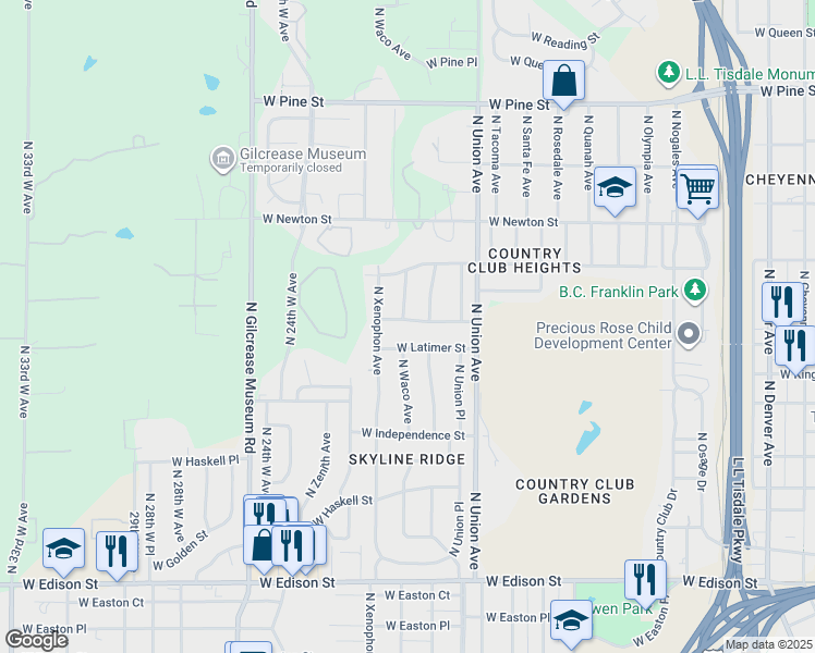 map of restaurants, bars, coffee shops, grocery stores, and more near 1822 West Latimer Place in Tulsa