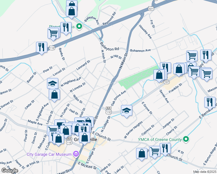 map of restaurants, bars, coffee shops, grocery stores, and more near 405 North Main Street in Greeneville