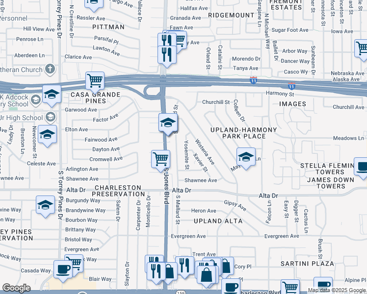 map of restaurants, bars, coffee shops, grocery stores, and more near 319 Yosemite Street in Las Vegas