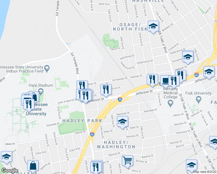map of restaurants, bars, coffee shops, grocery stores, and more near 2520 Scovel Street in Nashville