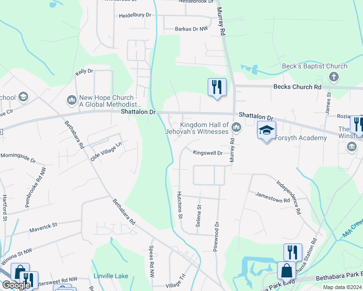 map of restaurants, bars, coffee shops, grocery stores, and more near 5116 Hutchins Street in Winston-Salem