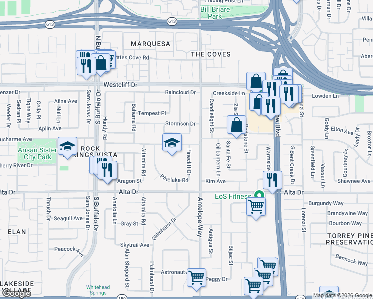 map of restaurants, bars, coffee shops, grocery stores, and more near 304 Pinecliff Dr in Las Vegas