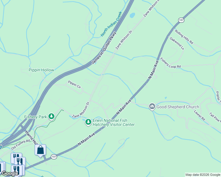 map of restaurants, bars, coffee shops, grocery stores, and more near 1019 Quail Run in Erwin