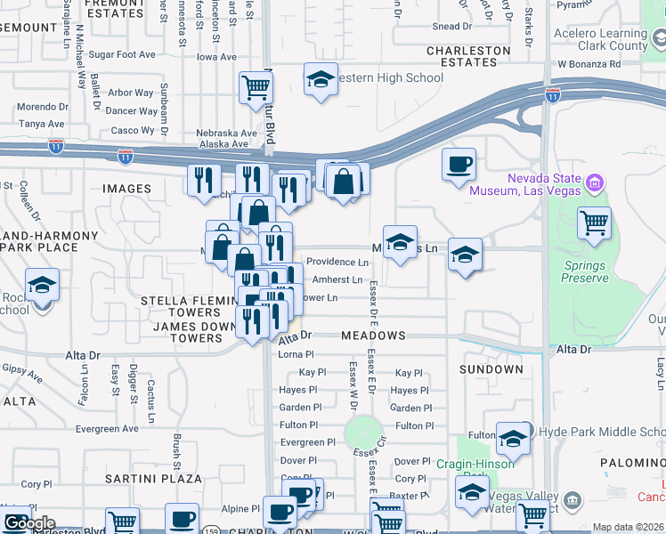 map of restaurants, bars, coffee shops, grocery stores, and more near 4601 Providence Lane in Las Vegas
