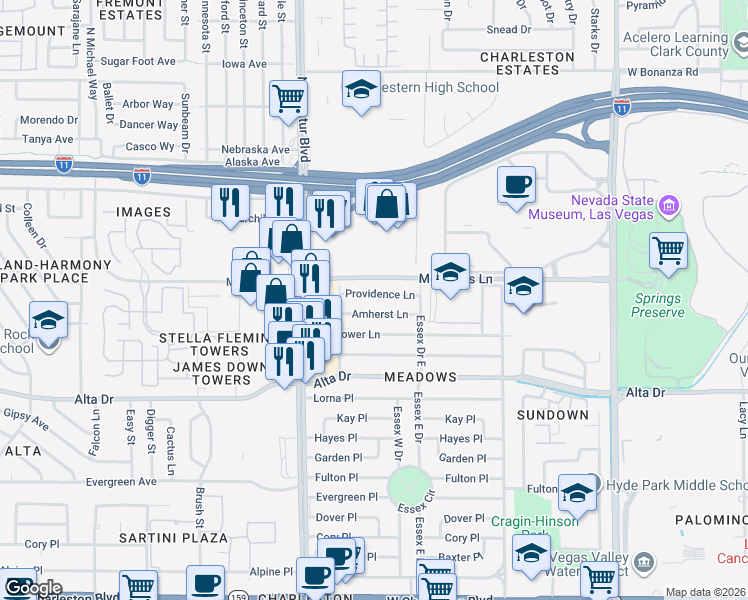 map of restaurants, bars, coffee shops, grocery stores, and more near 4601 Providence Lane in Las Vegas