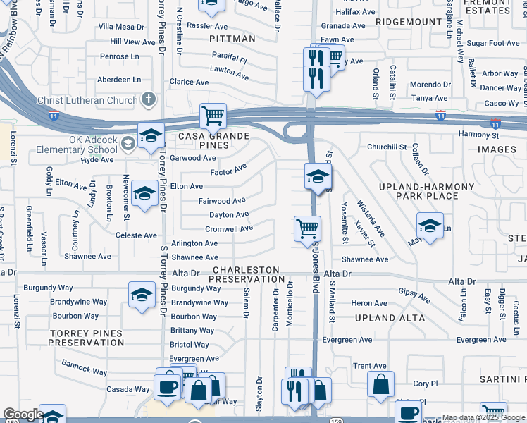 map of restaurants, bars, coffee shops, grocery stores, and more near 6213 Dayton Avenue in Las Vegas
