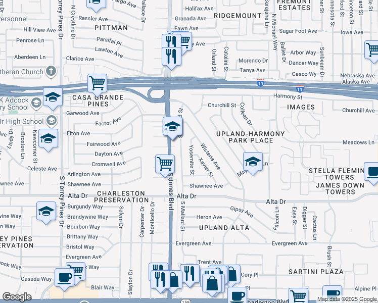 map of restaurants, bars, coffee shops, grocery stores, and more near 319 Yosemite Street in Las Vegas