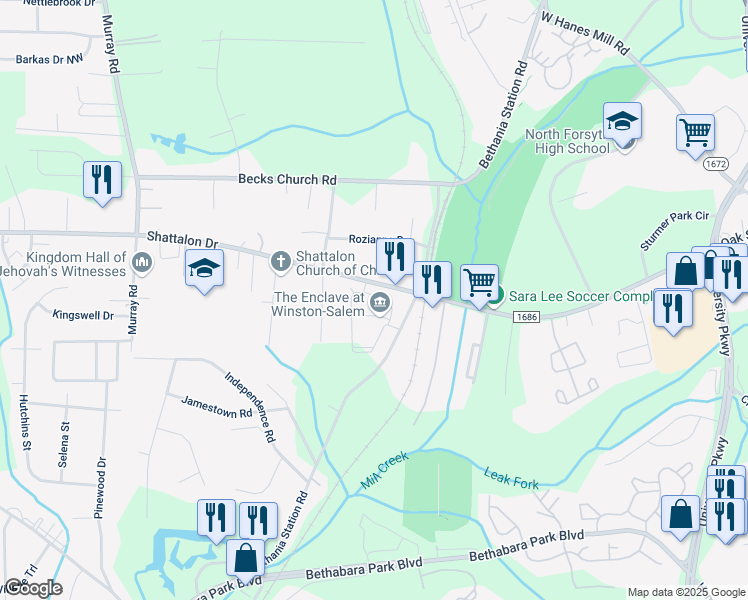 map of restaurants, bars, coffee shops, grocery stores, and more near 4225 Villa Club Drive in Winston-Salem