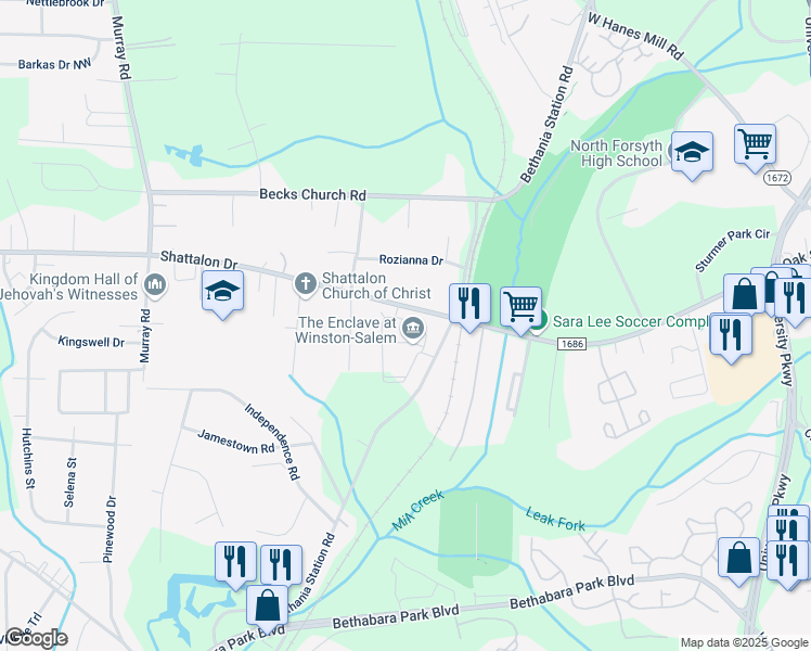 map of restaurants, bars, coffee shops, grocery stores, and more near 4225 Villa Club Drive in Winston-Salem